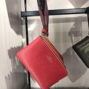 Coach Corner Zip Wristlet Red Signature Leather With Gold Details